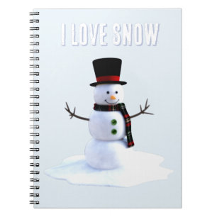 Caderno Espiral Boneco de neve com chapéu e cachecol. Eu Amo Neve