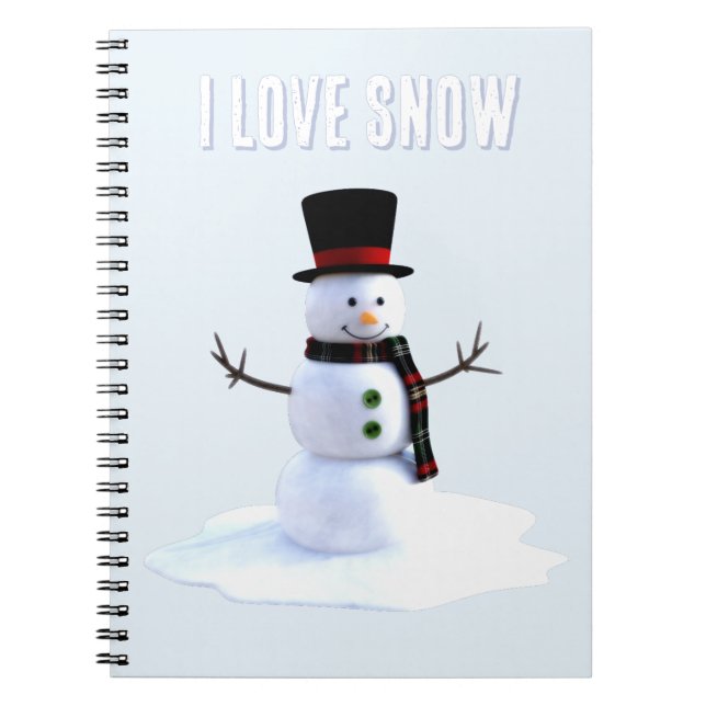 Caderno Espiral Boneco de neve com chapéu e cachecol. Eu Amo Neve (Frente)