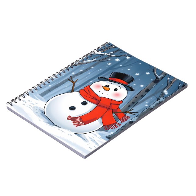Caderno Espiral Boneco de neve na floresta fria com cachecol verme (Left Side)