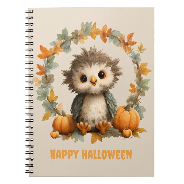 Caderno Espiral Bonita Coruja Pumpkin Feliz Design de Halloween (Frente)