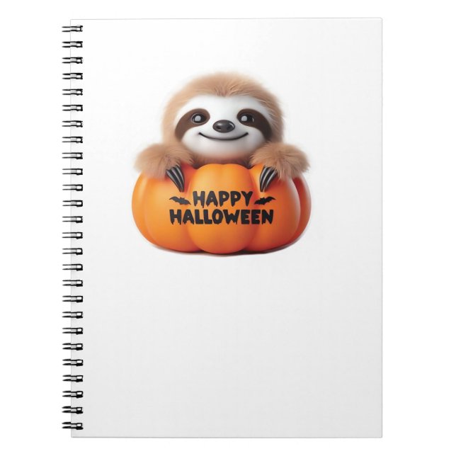 Caderno Espiral Bonita Sloth sentada numa Pumpkin. Texto Feliz Hal (Frente)