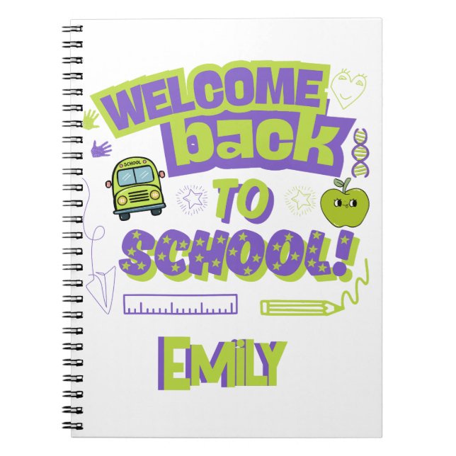 Caderno Espiral Bonito Bem-vindo de Volta à Escola Roxo Verde (Frente)