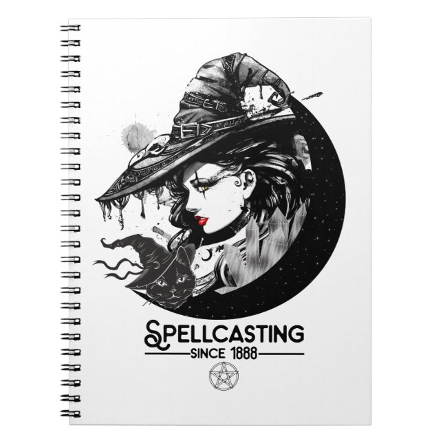 Caderno Espiral Bonito Bruxa e Gato Negro Wicca Espelhamento (Frente)