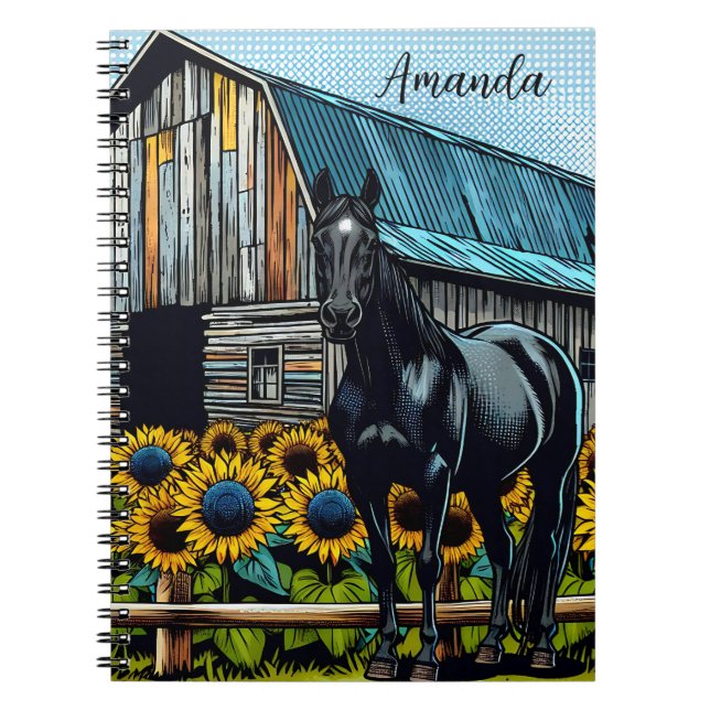 Caderno Espiral Bonito Cavalo Negro e Girassóis Personalizados (Frente)