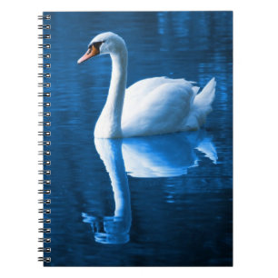 Caderno Espiral Bonito cisne branco flutuando num lago azul