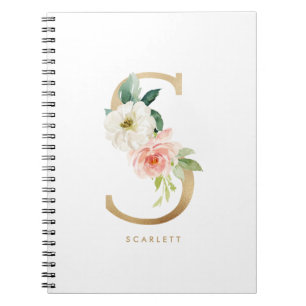 Caderno Espiral Bonito Faux Gold Foil Floral - Letra A Monograma
