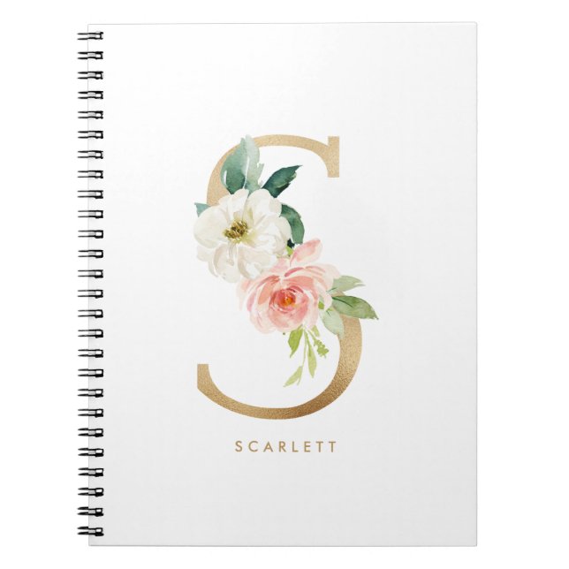Caderno Espiral Bonito Faux Gold Foil Floral - Letra A Monograma (Frente)