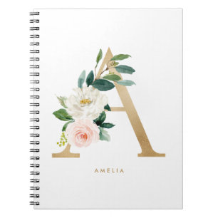 Caderno Espiral Bonito Faux Gold Foil Floral - Letra A Monograma