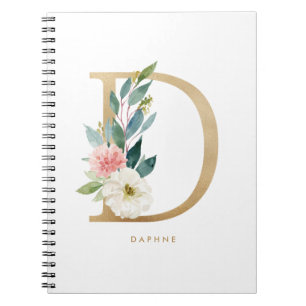 Caderno Espiral Bonito Faux Gold Foil Floral - Letra D Monograma