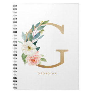 Caderno Espiral Bonito Faux Gold Foil Floral - Letra G Monograma