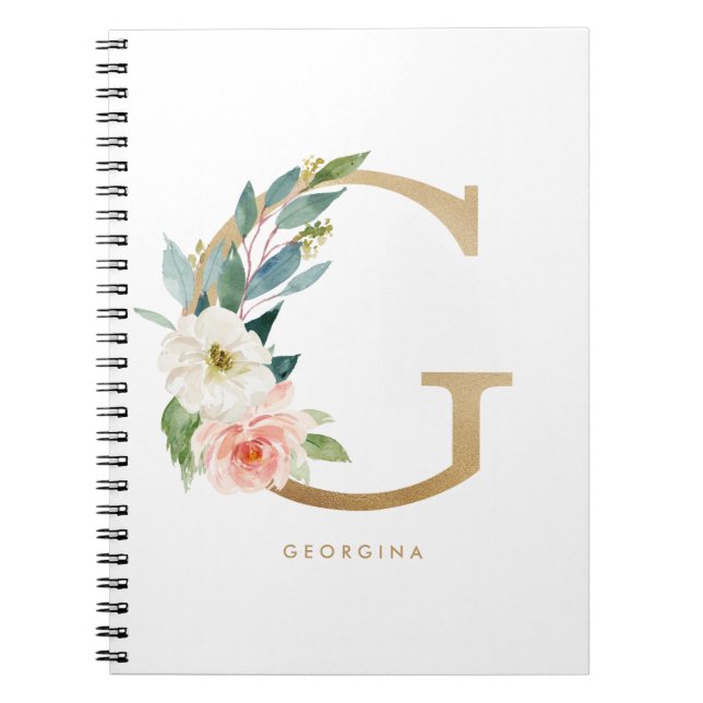 Caderno Espiral Bonito Faux Gold Foil Floral - Letra G Monograma (Frente)