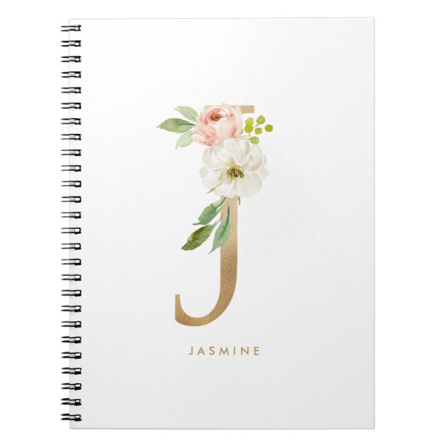 Caderno Espiral Bonito Faux Gold Foil Floral - Letra J Monograma (Frente)