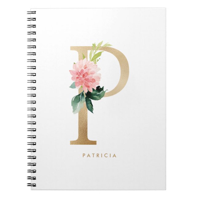 Caderno Espiral Bonito Faux Gold Foil Floral - Letra P Monograma (Frente)