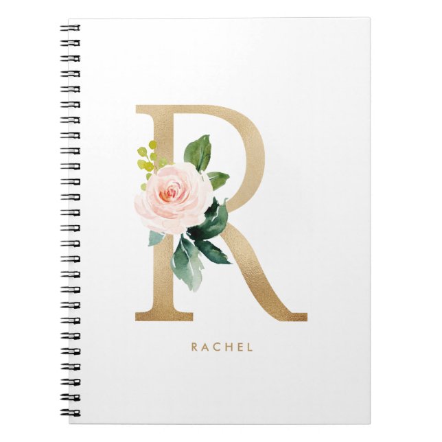 Caderno Espiral Bonito Faux Gold Foil Floral - Letra R Monograma (Frente)