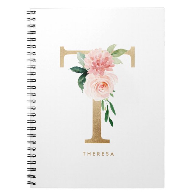 Caderno Espiral Bonito Faux Gold Foil Floral - Letra T Monograma (Frente)