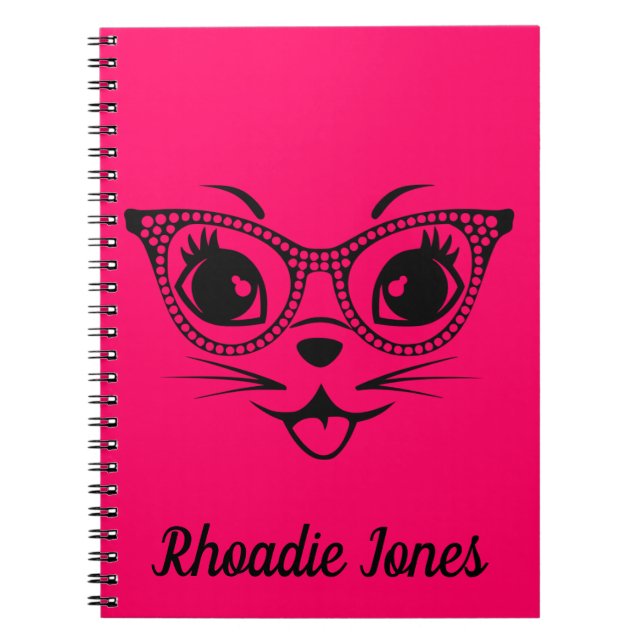 Caderno Espiral Bonito Gato Chic Rosa e Negro (Frente)