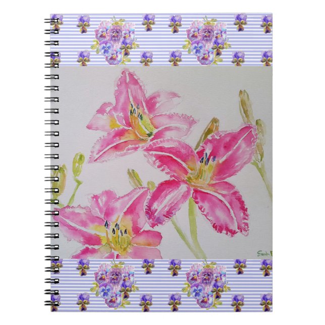 Caderno Espiral Bonito Lily Na Pintura Por Aquarela Rosa De Pintur (Frente)