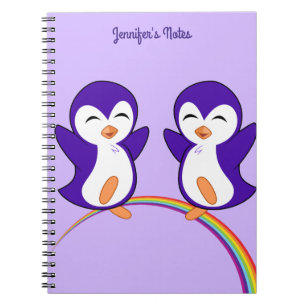 Caderno Espiral Bonito Pinguim-Roxo-Arco-Íris Monograma Crianças