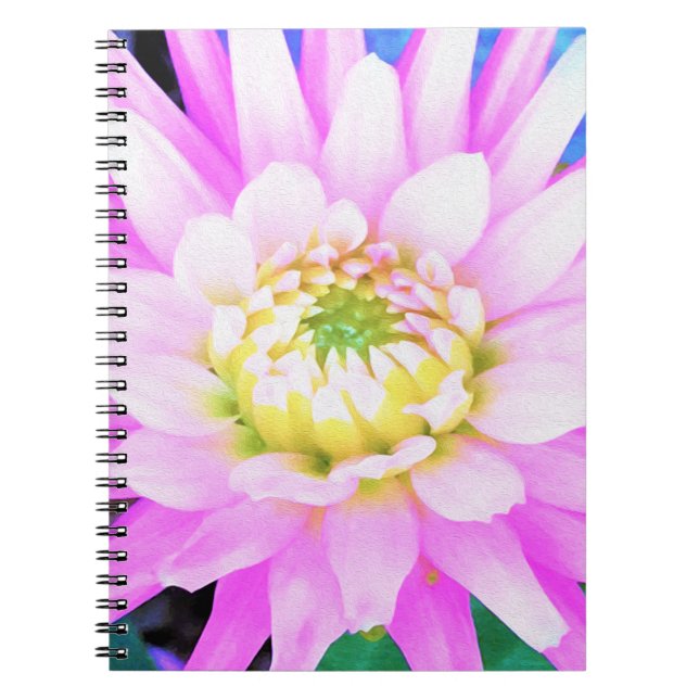 Caderno Espiral Bonito rosa, branco e amarelo Cactus Dahlia Macro (Frente)