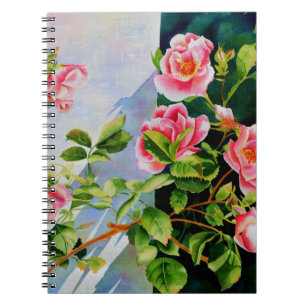 Caderno Espiral Bonito rosa, rosas vermelhas, flor aquarela