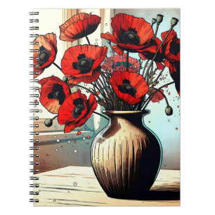 Caderno Espiral Bonito Vaso de papagaios vermelhos ai arte
