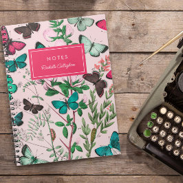 Caderno Espiral Bonito Vintage Butterflies Nome cor-de-rosa