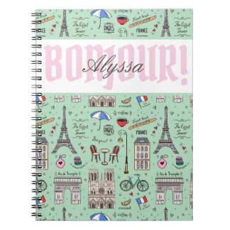 Caderno Espiral Bonjour Paris França Desloca marcos franceses