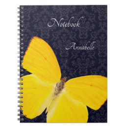 Caderno Espiral Borboleta Amarela Elegante Damasco Preto Adicionar
