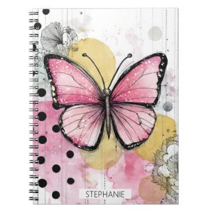 Caderno Espiral Borboleta Aquarela Rosa Arte Boho Natureza