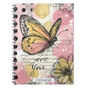 Caderno Espiral Borboleta Aquarela Rosa Dourado Arte Boho Natureza