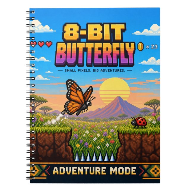 Caderno Espiral Borboleta, Arte de Pixel Retro de 8 Bits (Frente)