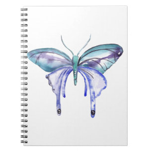 Caderno Espiral borboleta azul aqua roxa aquarela