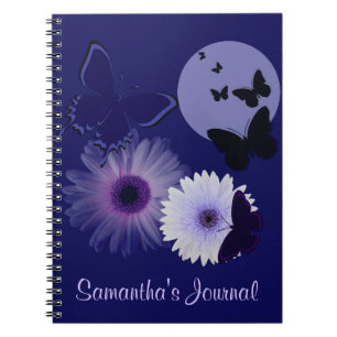 Caderno Espiral Borboleta azul e margarida roxas personalizadas