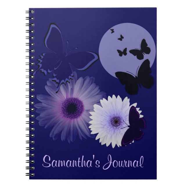 Caderno Espiral Borboleta azul e margarida roxas personalizadas (Frente)