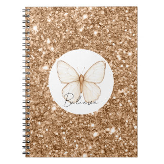 Caderno Espiral Borboleta Branca Brilho Falso Dourado  