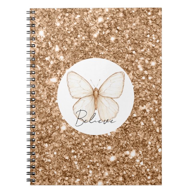 Caderno Espiral Borboleta Branca Brilho Falso Dourado   (Frente)