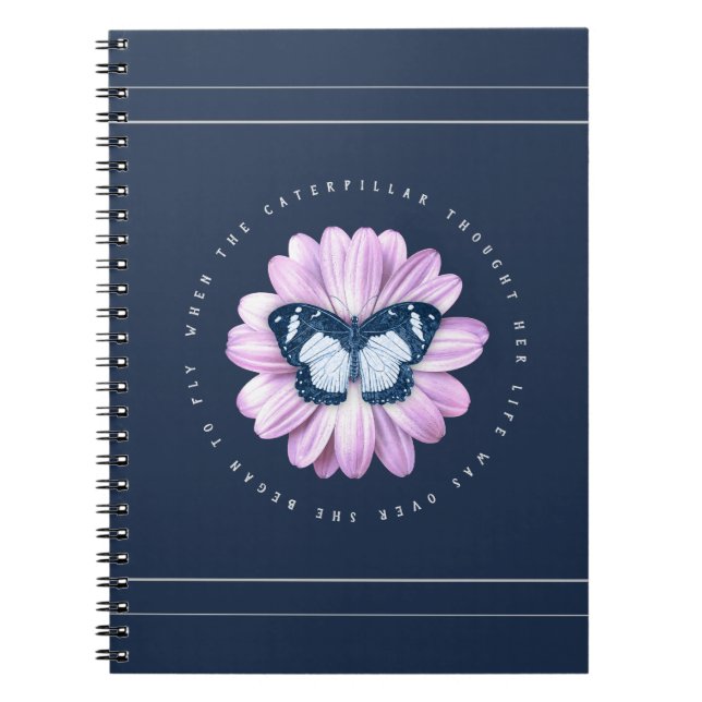 Caderno Espiral Borboleta-branca numa citação inspiradora rosa mar (Frente)