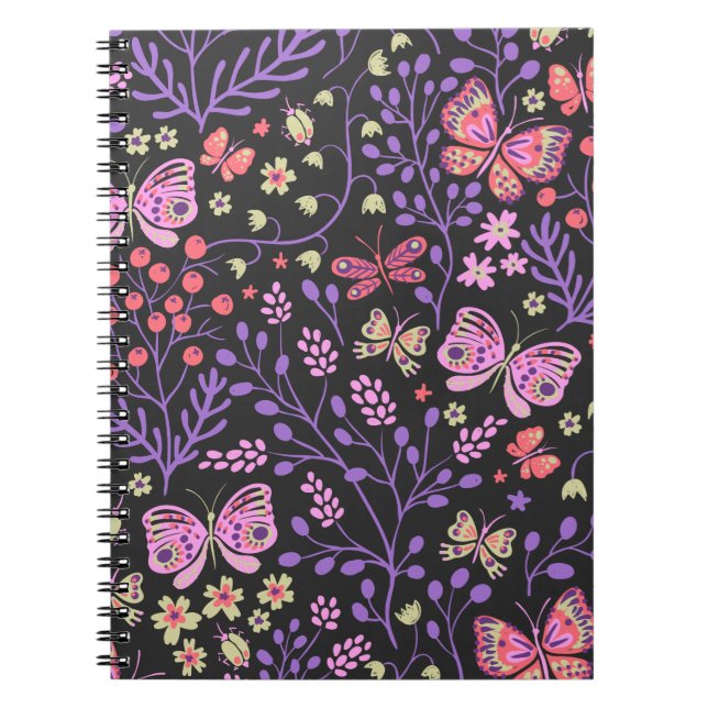 Caderno Espiral Borboleta Colorida E Flores Rosa (Frente)
