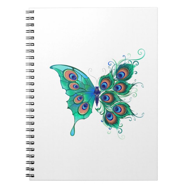 Caderno Espiral Borboleta com Penas de Pavão Verde (Frente)