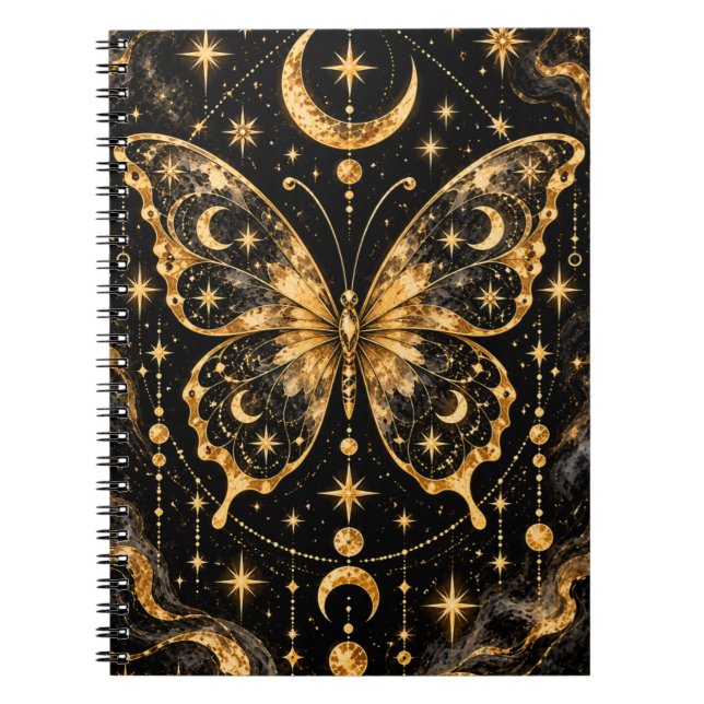 Caderno Espiral Borboleta Dourada Celestial Lua & Estrelas (Frente)