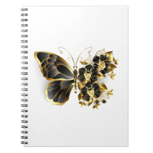 Caderno Espiral Borboleta Flor de Ouro com Orquídea Preta