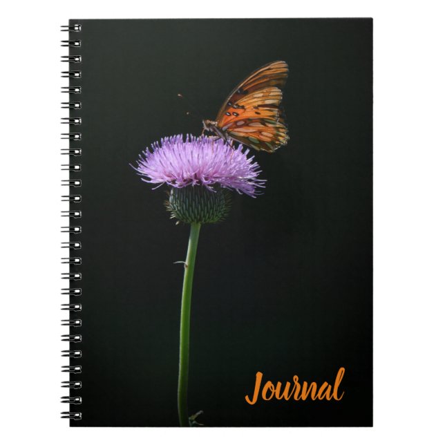 Caderno Espiral Borboleta Laranja no Diário da Flor Roxo (Frente)