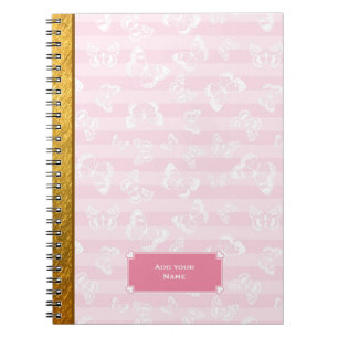 Caderno Espiral Borboleta Listrada Rosa e Branco Fofa com Nome Per