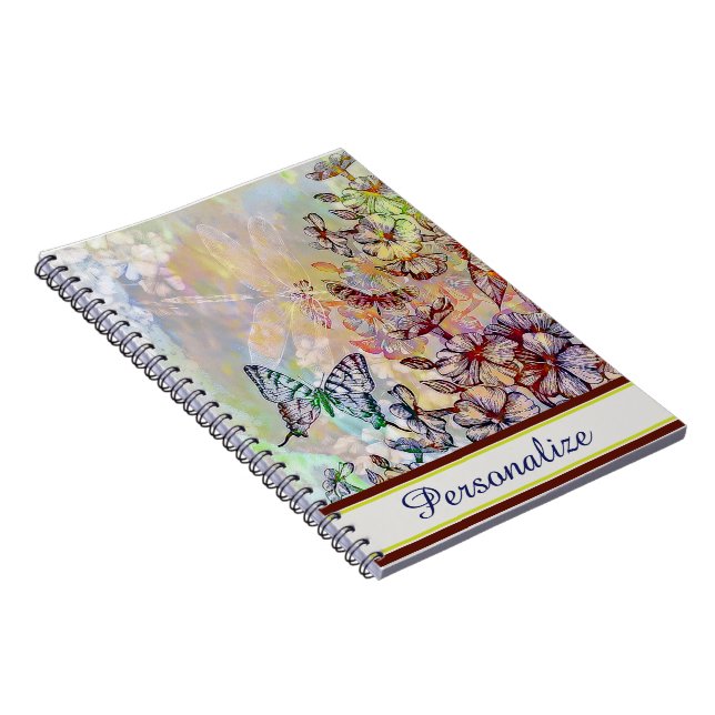 Caderno Espiral Borboleta personalizada, libélula e flores (Lado Direito)
