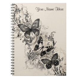Caderno Espiral Borboleta Preto Meia-Tom Personalizado Feminino 