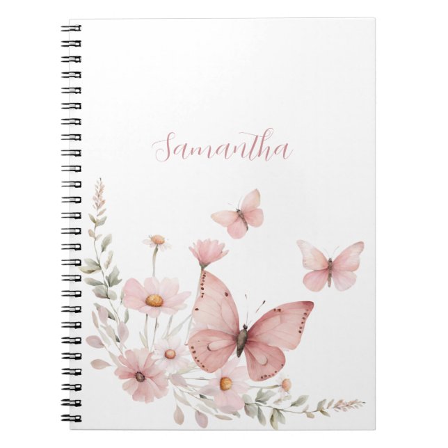 Caderno Espiral Borboleta Rosa Floral Personalizada (Frente)