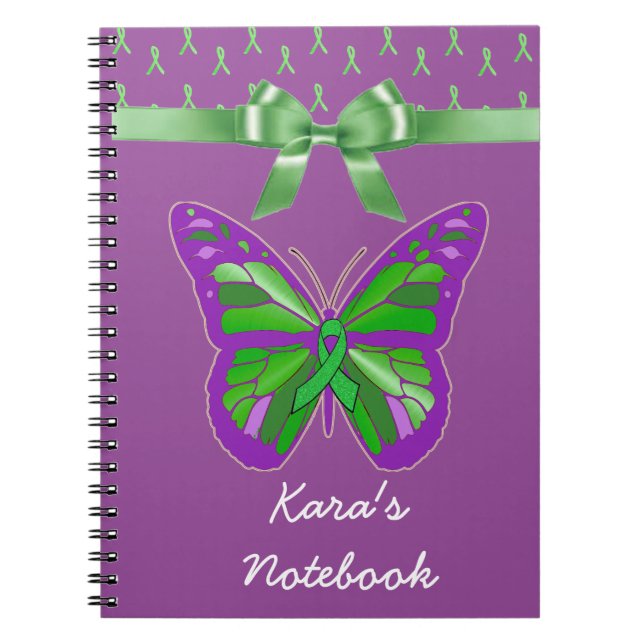 Caderno Espiral Borboleta Roxa com Fita Verde Lima (Frente)