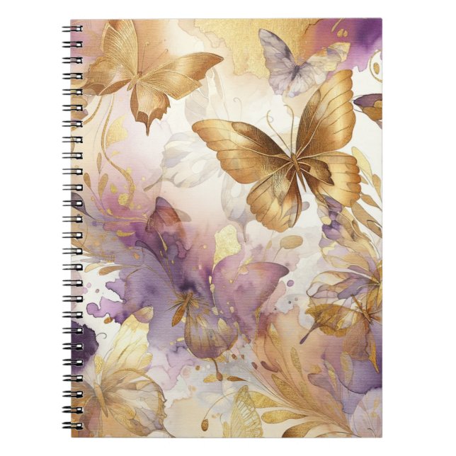 Caderno Espiral Borboleta Roxa e Dourada Aquarela Borboletas (Frente)