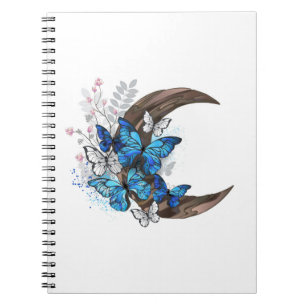 Caderno Espiral Borboletas azuis em crescente de madeira