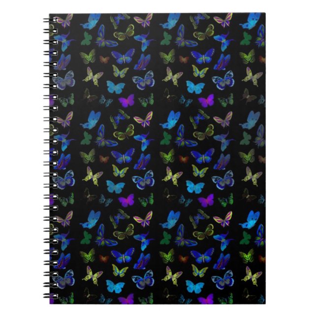 Caderno Espiral Borboletas azuis sobre preto (Frente)